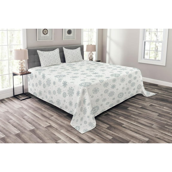Ambesonne Winter Quilted Bedspread Set 3 Pcs, Ornate Snowflake Motifs, Queen Size, Grey White
