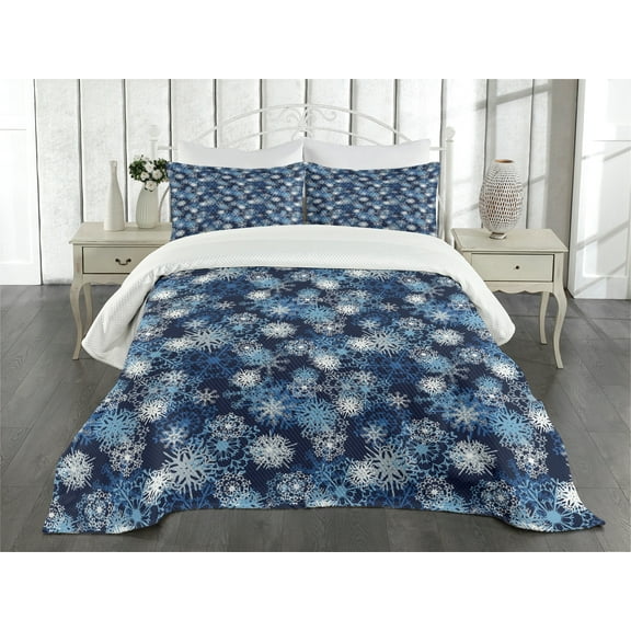 Ambesonne Winter Quilted Bedspread Set 3 Pcs, Ornate Snowflakes Xmas, King Size, Pale Blue Dark Blue