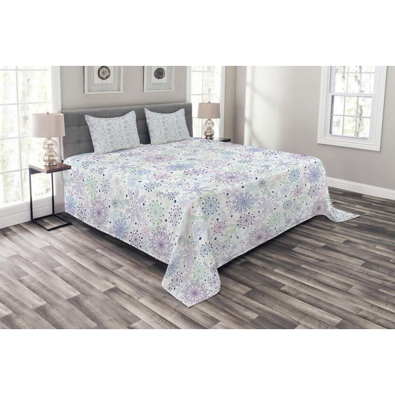 Ambesonne Winter Quilted Bedspread Set 3 Pcs, Pastel Snowflakes Joyful, King Size, Blue Green Lavender