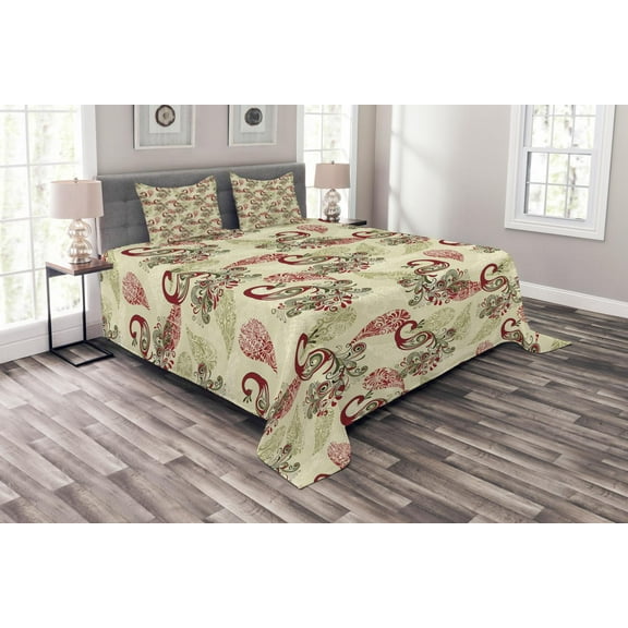 Ambesonne Winter Quilted Bedspread Set 3 Pcs, Peacocks and Snowflakes, King Size, Ruby Olive Green Cream