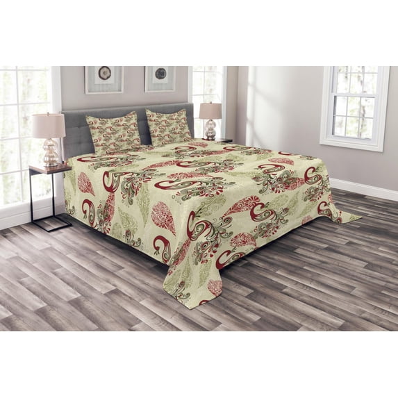 Ambesonne Winter Quilted Bedspread Set 3 Pcs, Peacocks and Snowflakes, Queen Size, Ruby Olive Green Cream