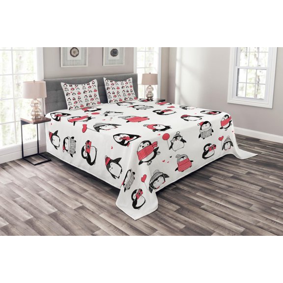 Ambesonne Winter Quilted Bedspread Set 3 Pcs, Penguins Merry Xmas, Queen Size, Dark Coral White Black
