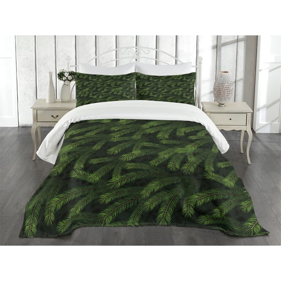 Ambesonne Winter Quilted Bedspread Set 3 Pcs, Pine Fir Coniferous Tree, Queen Size, Green Dark Green Caramel