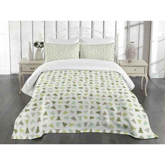Ambesonne Winter Quilted Bedspread Set 3 Pcs, Pine Tree Retro, King Size, Multicolor