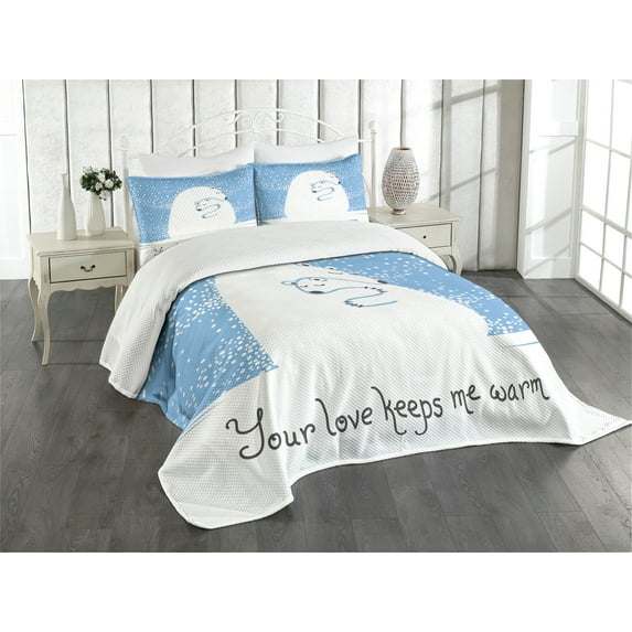 Ambesonne Winter Quilted Bedspread Set 3 Pcs, Polar Bear Mother, King Size, White Blue