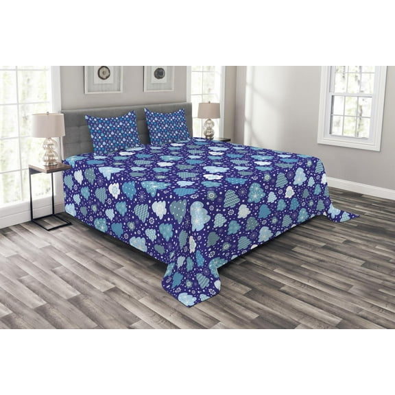 Ambesonne Winter Quilted Bedspread Set 3 Pcs, Snowflakes Xmas Trees, King Size, Violet Blue Pale Blue