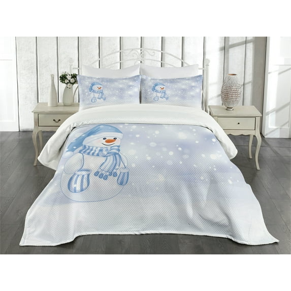 Ambesonne Winter Quilted Bedspread Set 3 Pcs, Snowman Cartoon, Queen Size, Pale Blue White
