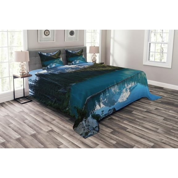 Ambesonne Winter Quilted Bedspread Set 3 Pcs, Snowy Frozen Mountain, King Size, Blue White Green