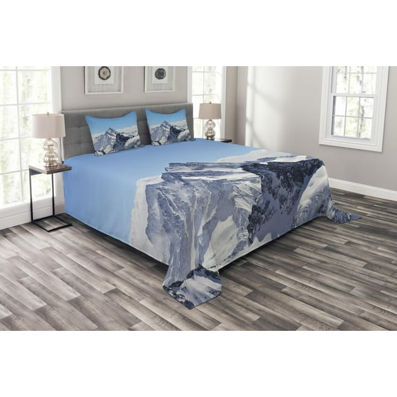Ambesonne Winter Quilted Bedspread Set 3 Pcs, Snowy Mountain Peaks, Queen Size, Blue and White