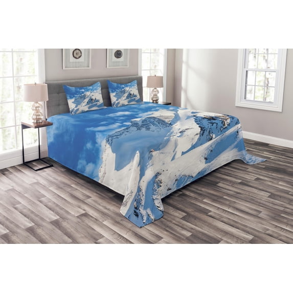Ambesonne Winter Quilted Bedspread Set 3 Pcs, Snowy Mountain Ski, Queen Size, White Blue
