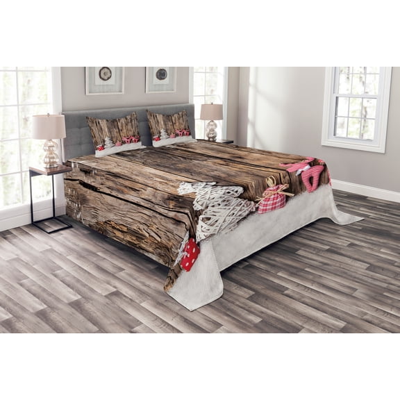 Ambesonne Winter Quilted Bedspread Set 3 Pcs, Traditional Xmas, King Size, Brown White Pink