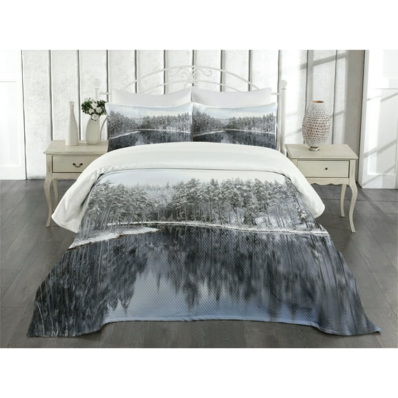 Ambesonne Winter Quilted Bedspread Set 3 Pcs, Trees in Cold Day Lake, King Size, White Brown