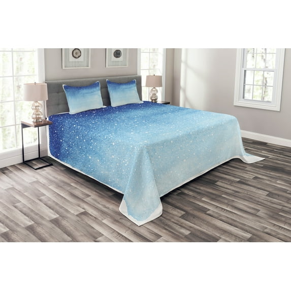 Ambesonne Winter Quilted Bedspread Set 3 Pcs, Watercolor Shades Xmas, King Size, Blue White
