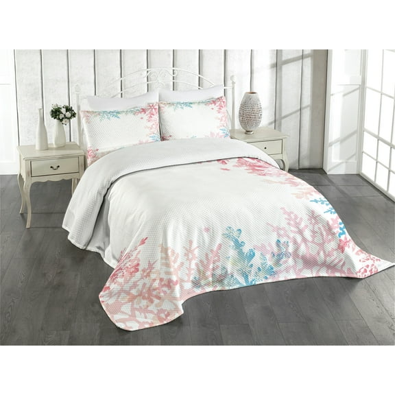 Ambesonne Winter Quilted Bedspread Set 3 Pcs, Winter Inspired Pastel, King Size, Coral Blue Pale Green