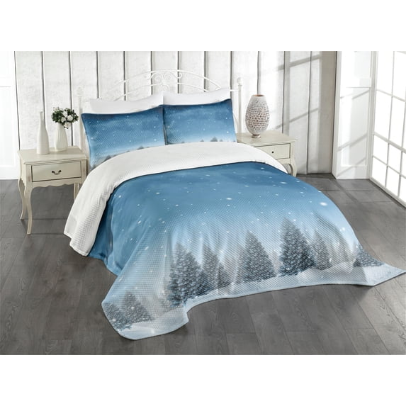Ambesonne Winter Quilted Bedspread Set 3 Pcs, Xmas Blue Forest Trees, Queen Size, Blue White
