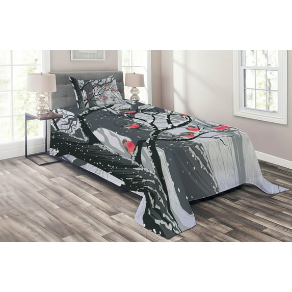 Ambesonne Winter Quilted Coverlet 2 Pcs, City Park Snow Cold, Twin Size, Grey Coral