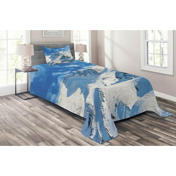 Ambesonne Winter Quilted Coverlet 2 Pcs, Snowy Mountain Ski, Twin Size, White Blue