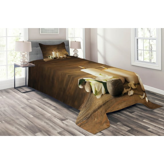 Ambesonne Winter Quilted Coverlet 2 Pcs, Valetines Day Flowers, Twin Size, White Black and Brown