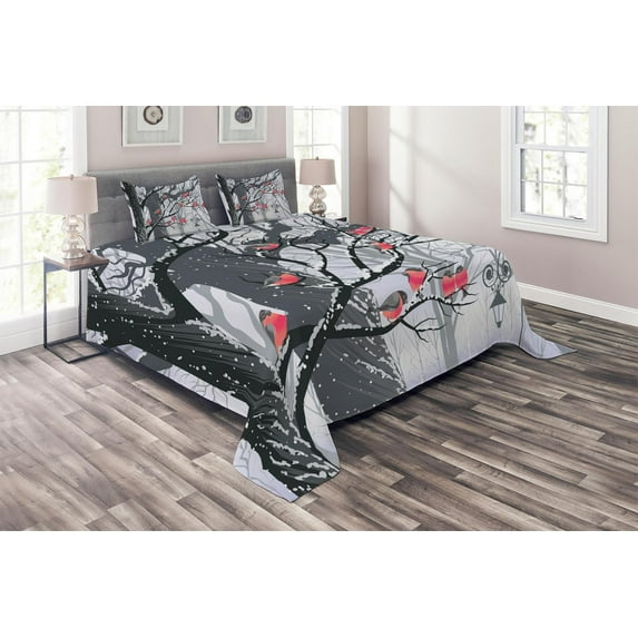 Ambesonne Winter Quilted Coverlet 3 Pcs, City Park Snow Cold, King Size, Grey Coral