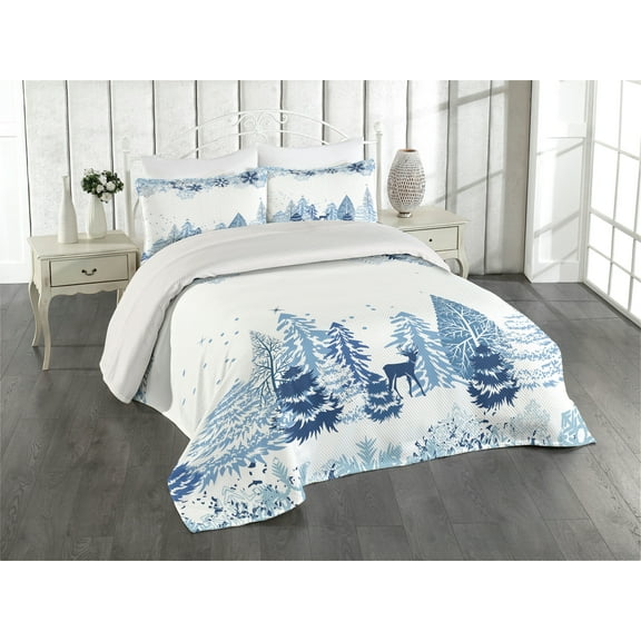 Ambesonne Winter Quilted Coverlet 3 Pcs, Deer Pine Trees Xmas, Queen Size, Blue White