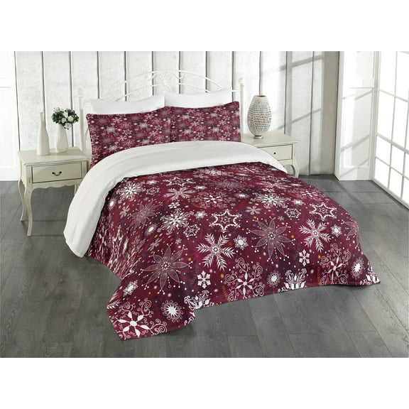 Ambesonne Winter Quilted Coverlet 3 Pcs, Flakes Colorful, Queen Size, Maroon White Multicolor