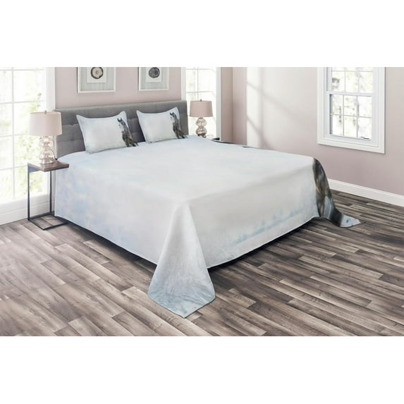 Ambesonne Winter Quilted Coverlet 3 Pcs, Grey Horse Snow Scenery, King Size, White Brown