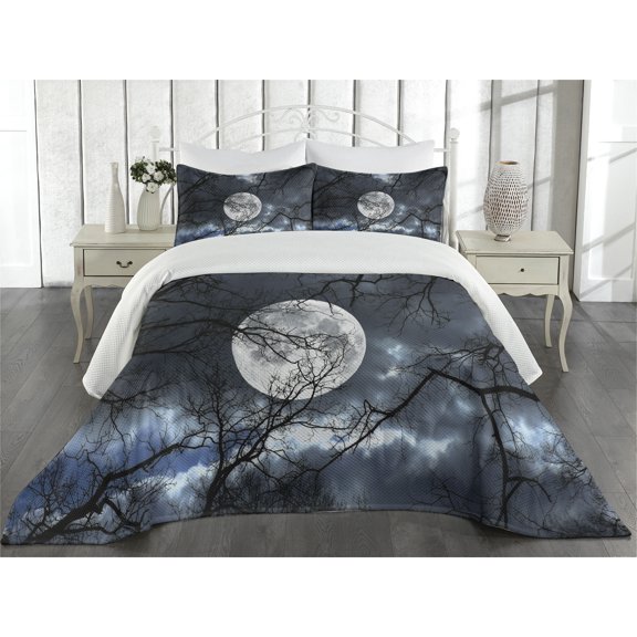 Ambesonne Winter Quilted Coverlet 3 Pcs, Moon at Night in Forest, King Size, Black and Blue