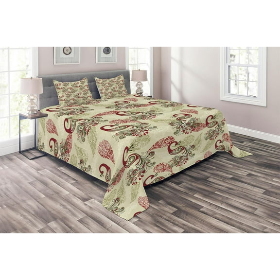 Ambesonne Winter Quilted Coverlet 3 Pcs, Peacocks and Snowflakes, Queen Size, Ruby Olive Green Cream