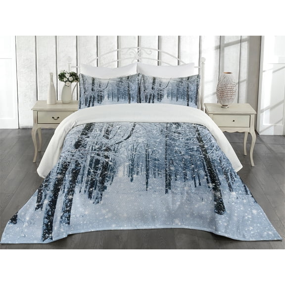 Ambesonne Winter Quilted Coverlet 3 Pcs, Snow Covered Forest, King Size, Black White Slate Blue