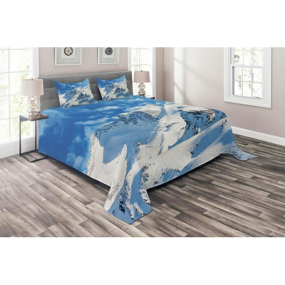Ambesonne Winter Quilted Coverlet 3 Pcs, Snowy Mountain Ski, King Size, White Blue