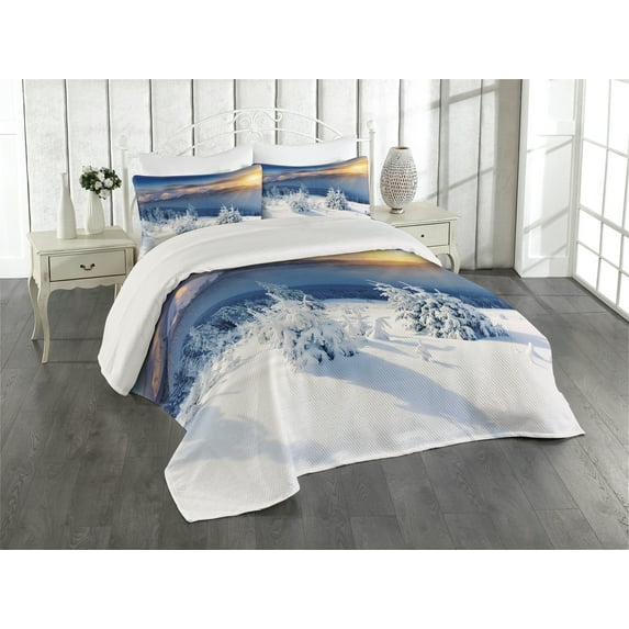 Ambesonne Winter Quilted Coverlet 3 Pcs, Tops Dramatic Sky Alpine, King Size, White Blue Apricot