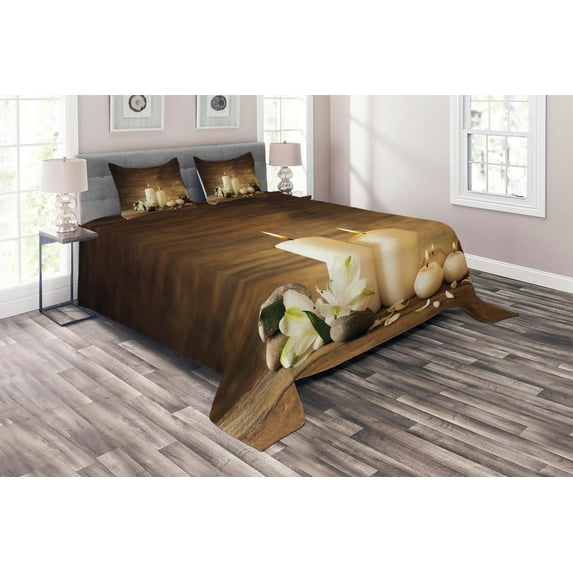 Ambesonne Winter Quilted Coverlet 3 Pcs, Valetines Day Flowers, Queen Size, White Black and Brown