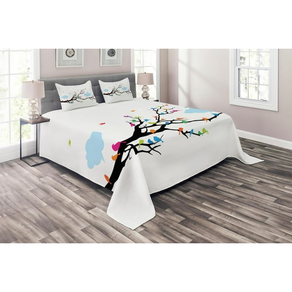 Ambesonne Winter Quilted Coverlet 3 Pcs, Winged Birds on Tree, King Size, Multicolor