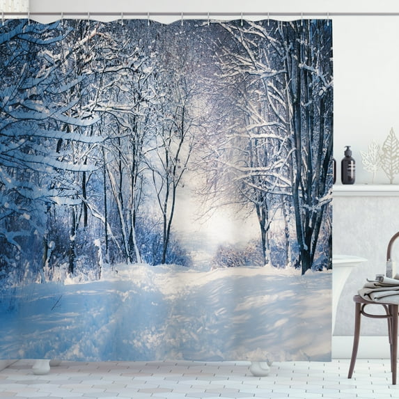 Ambesonne Winter Shower Curtain, Alley in Snowy Forest, 69"Wx70"L, Blue Black White