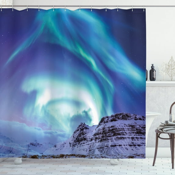 Ambesonne Winter Shower Curtain, Aurora Borealis Iceland, 69"Wx70"L, Blue Sea Green Lilac