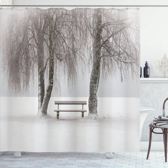 Ambesonne Winter Shower Curtain, Bench Trees Snowflakes, 69"Wx84"L, White Brown