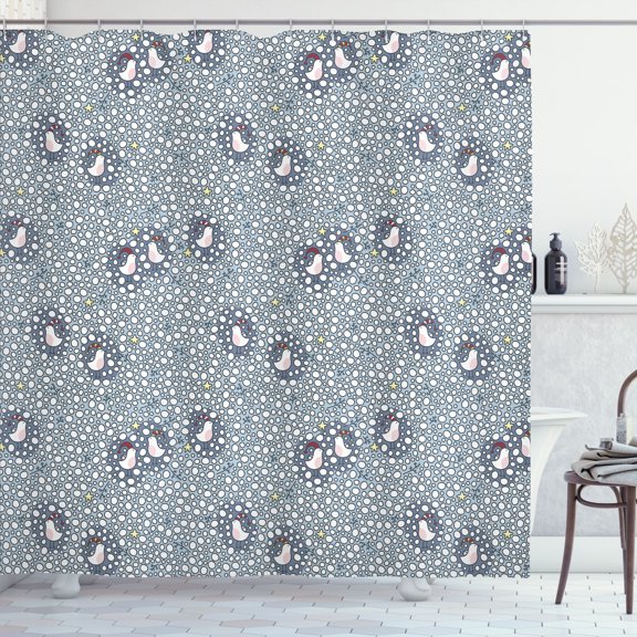 Ambesonne Winter Shower Curtain, Bird with Xmas Hat Snow, 69"Wx70"L, Pale Grey Multicolor