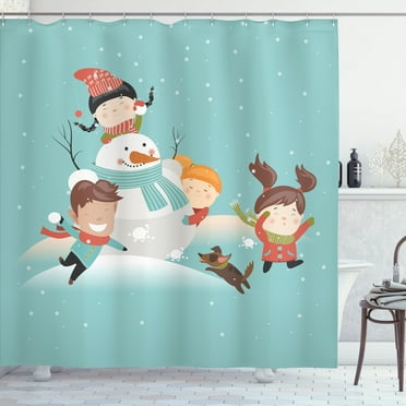 Ambesonne Winter Shower Curtain, Cartoon of Having Fun, 69"Wx75"L, Multicolor