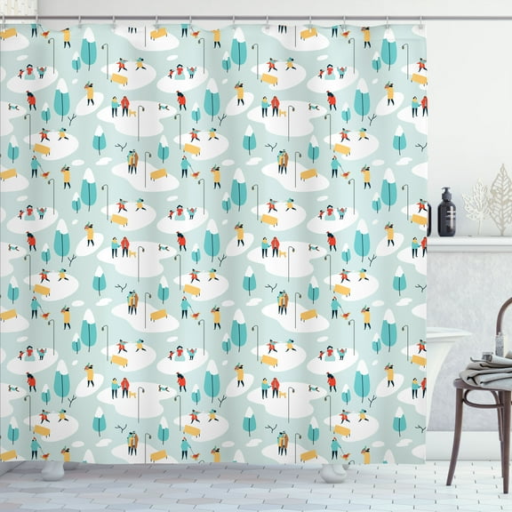 Ambesonne Winter Shower Curtain, Christmas People Outside, 69"Wx75"L, Seafoam Multicolor