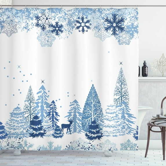 Ambesonne Winter Shower Curtain, Deer Pine Trees Xmas, 69"Wx84"L, Blue White