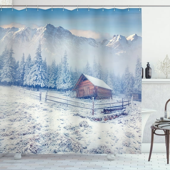 Ambesonne Winter Shower Curtain, Old Farmhouse Rustic, 69"Wx70"L, Caramel White Blue
