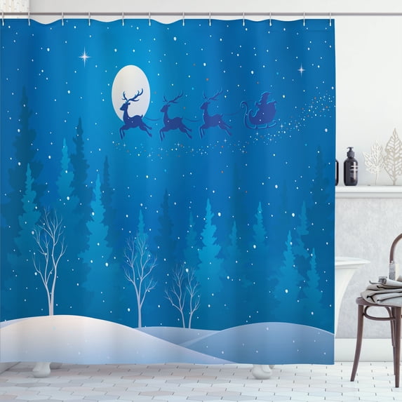 Ambesonne Winter Shower Curtain, Santa Sleigh over the Woods, 69"Wx70"L, Sea Blue and Night Blue