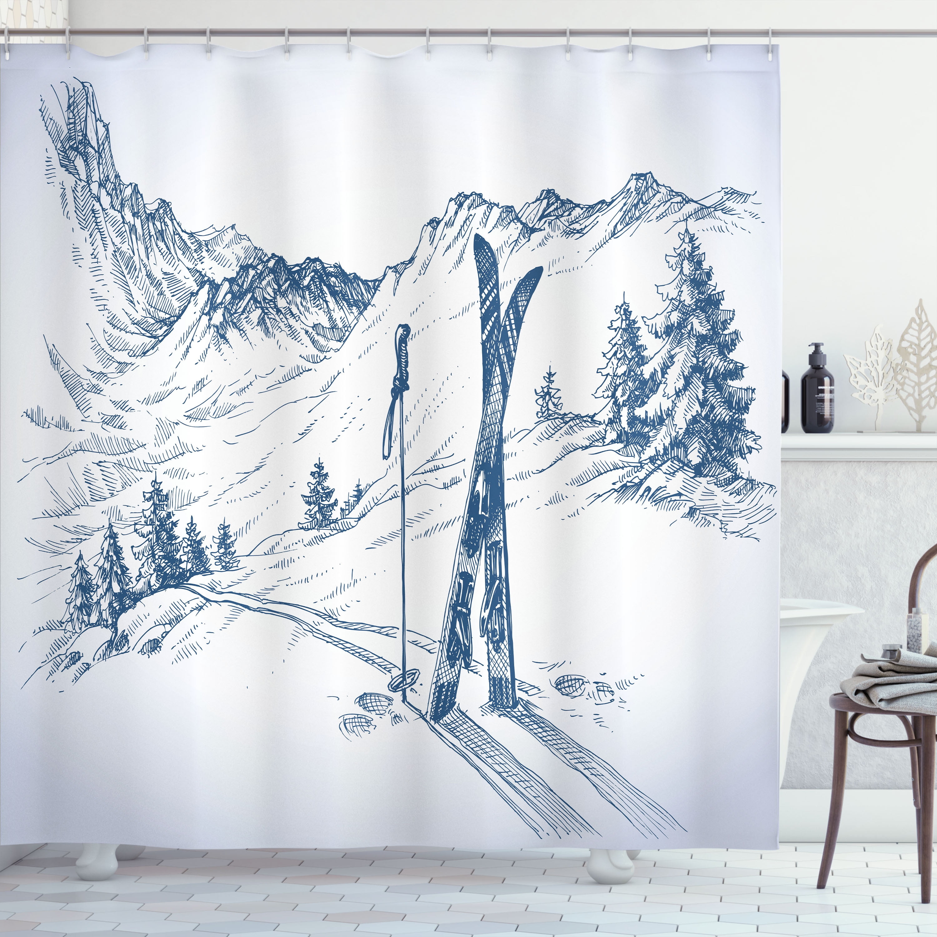 Pale Blue and White Ski Scene Fabric Shower Curtain