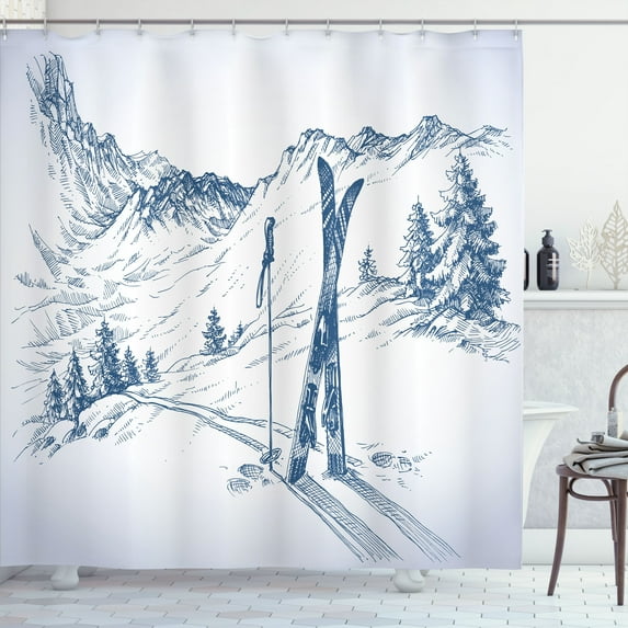 Ambesonne Winter Shower Curtain, Ski Sport Mountain View, 69"Wx70"L, Blue White
