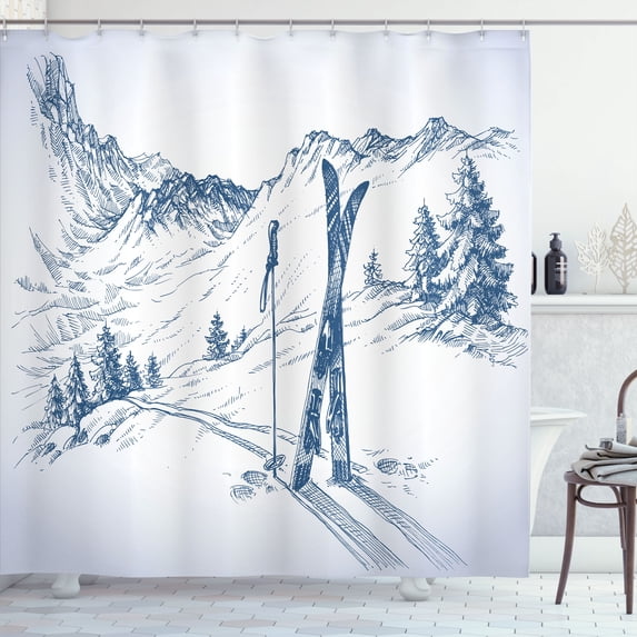 Ambesonne Winter Shower Curtain, Ski Sport Mountain View, 69"Wx75"L, Blue White