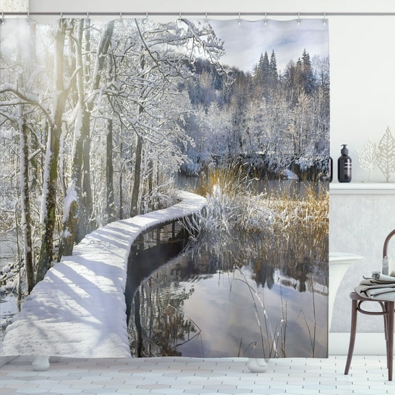 Ambesonne Winter Shower Curtain, Snow Covered Path in Forest, 69"Wx70"L, Multicolor