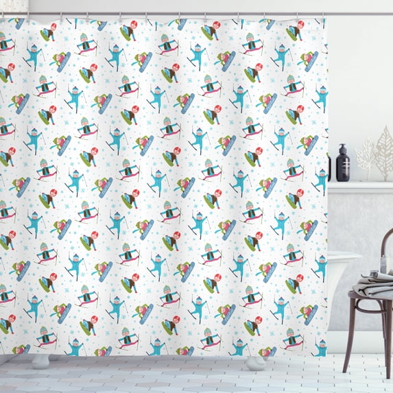 Ambesonne Winter Shower Curtain, Snowboard and Ski Sport, 69"Wx70"L, Multicolor