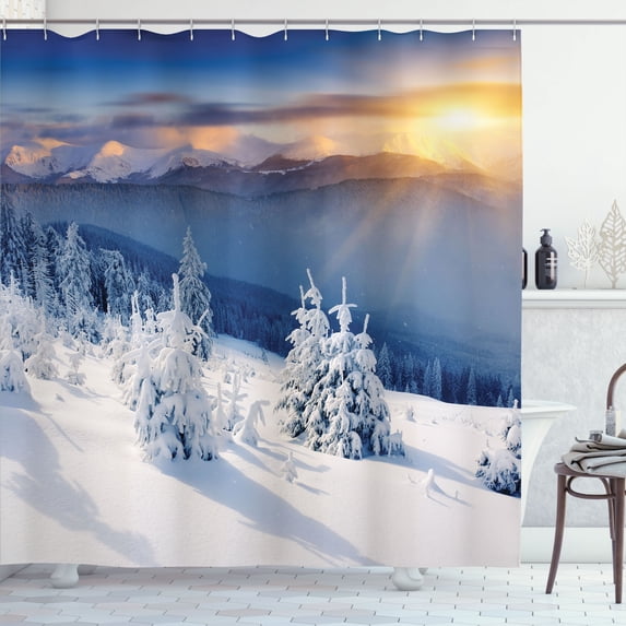 Ambesonne Winter Shower Curtain, Tops Dramatic Sky Alpine, 69"Wx84"L, White Blue Apricot