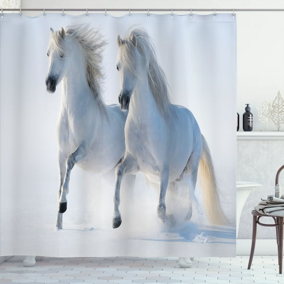 Ambesonne Winter Shower Curtain, Wintertime Horse Animal, 69"Wx70"L, White