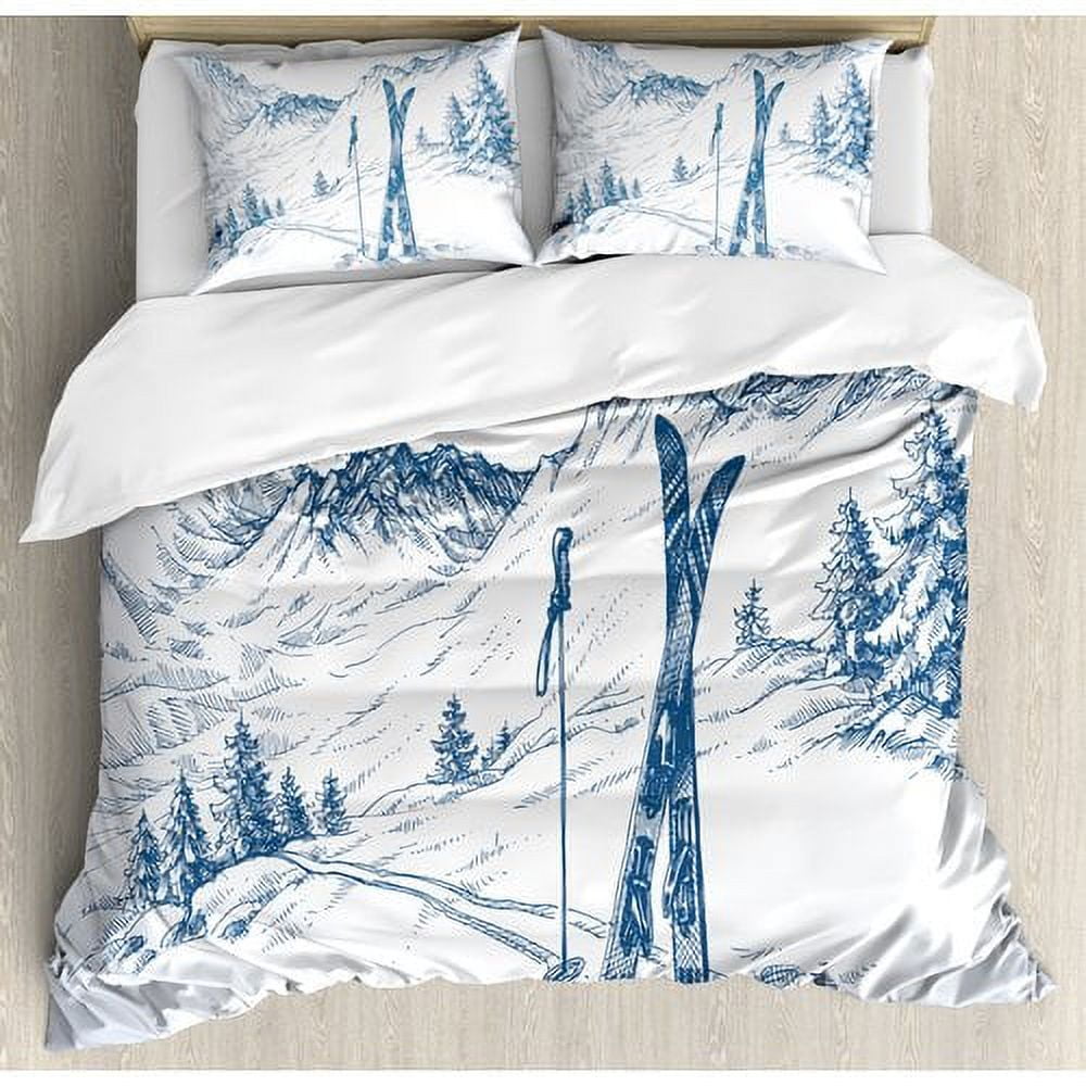 Queen Blue and White Winter Ski Scene Duvet Cover Set